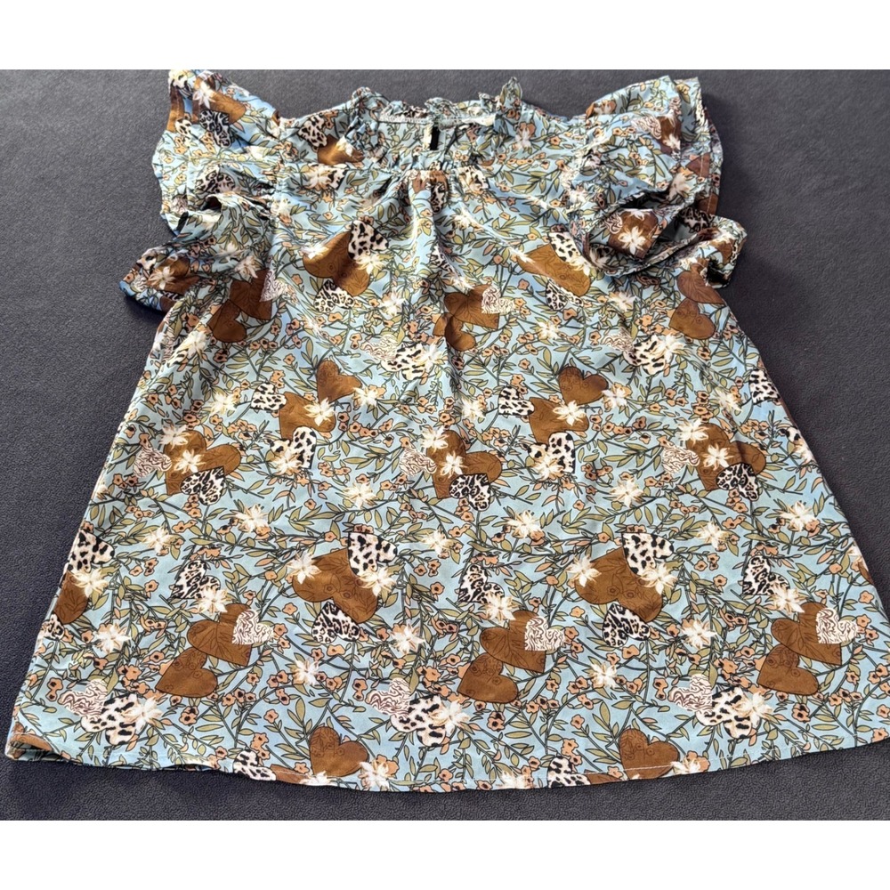 Entro Blue Floral Heart Leopard Tiger Print Ruffle Flutter Sleeve Blouse Medium